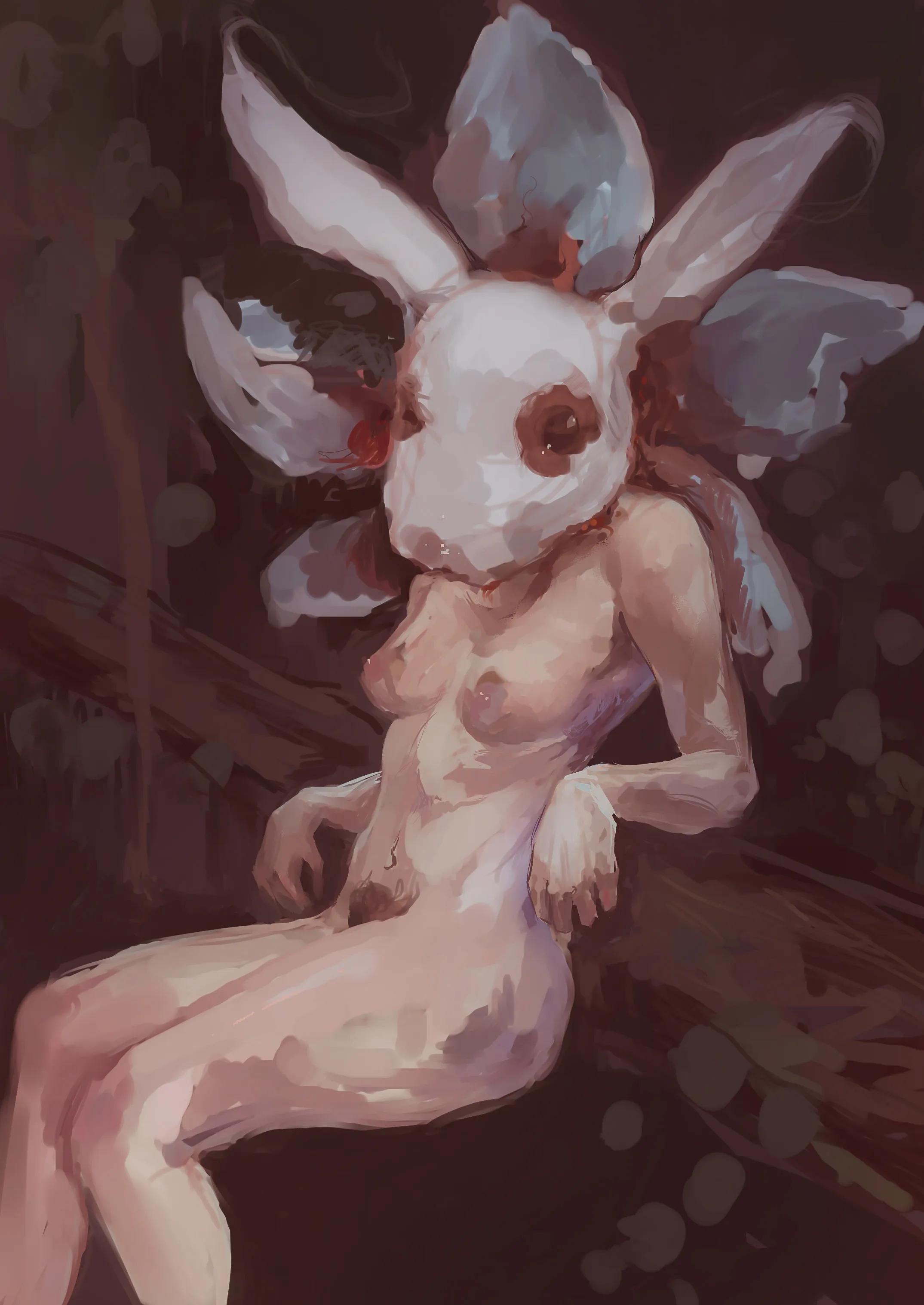digital painting of a a nude woman, with breasts exposed, in a seated position with her arsms resting on a surface, she has a large white rabbit head piece with a flower behind it